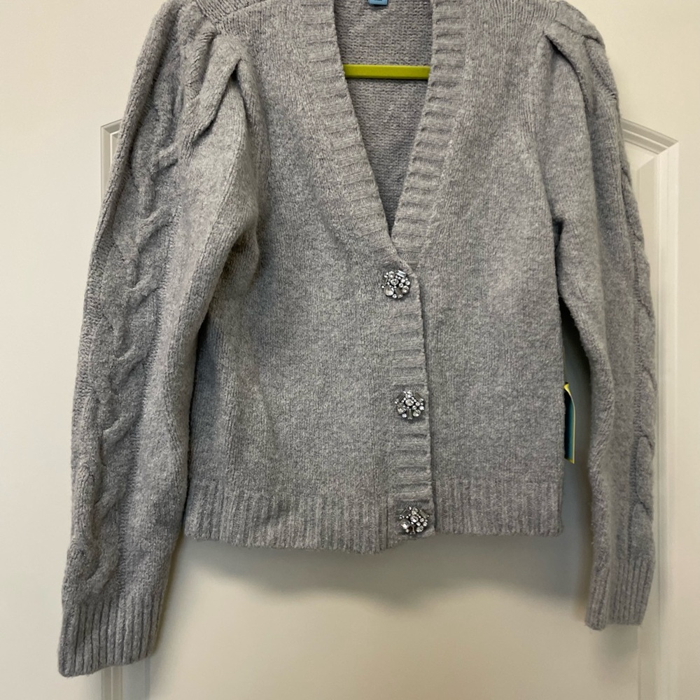 CeCe Gray Cardigan Sweater with Puffed Shoulders